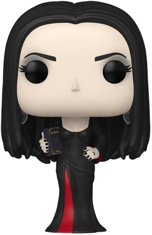 Funko Pop! vinyl figure of a character with black hair and a black dress with a red stripe on a white background