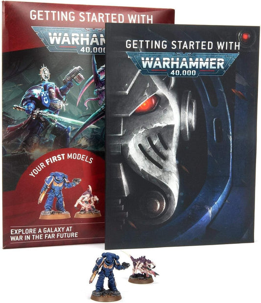 Two 'Getting Started with Warhammer 40,000' books with miniatures on a white background
