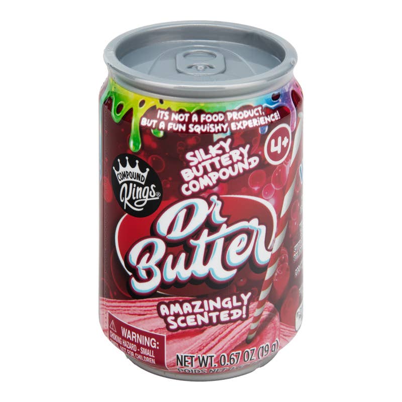 Can of 'Dr Butter' with colorful design and text on a white background