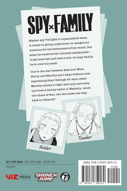 Back cover of a book titled 'Spy x Family' with character illustrations and text on a teal background.