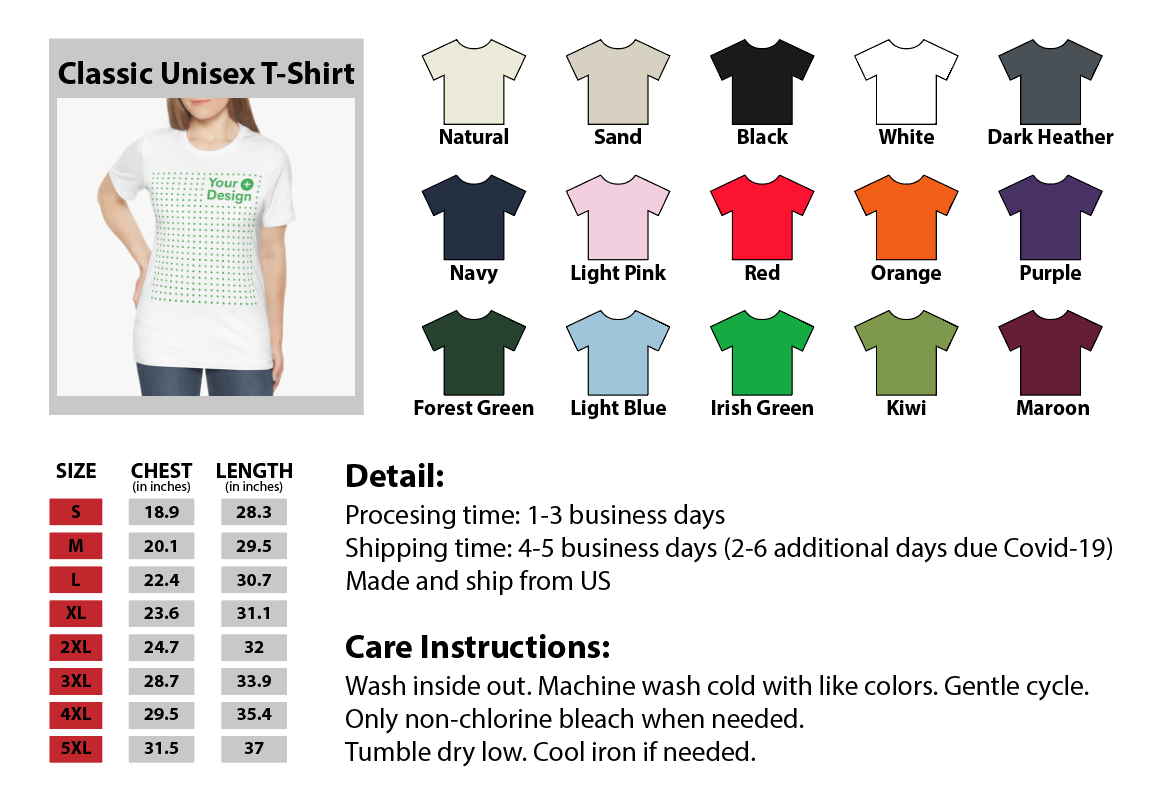 T-shirt color swatch with a person wearing a white t-shirt and size chart.