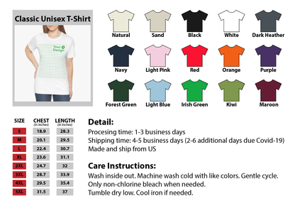 T-shirt color swatch with a person wearing a white t-shirt and size chart.