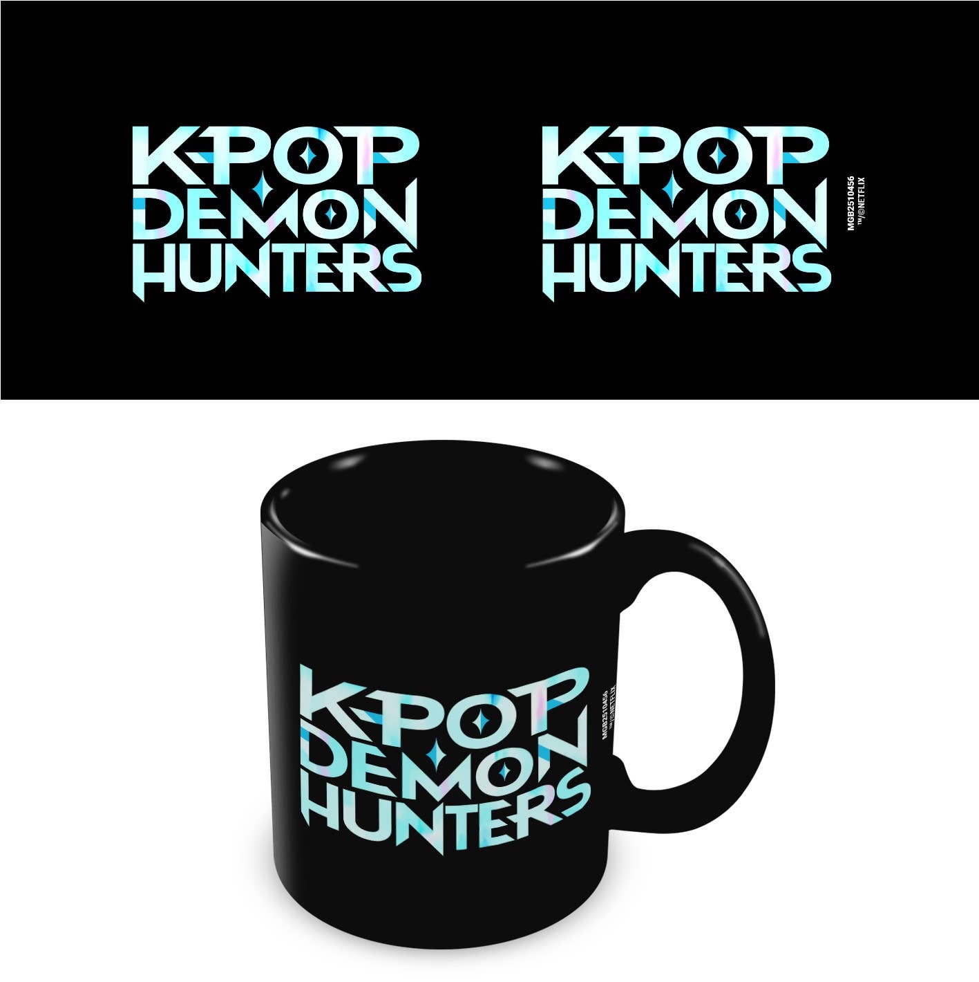 Black mug with 'K-Pop Demon Hunters' text in light blue on a white background