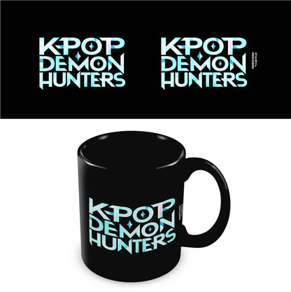 Black mug with 'K-Pop Demon Hunters' text in light blue on a white background