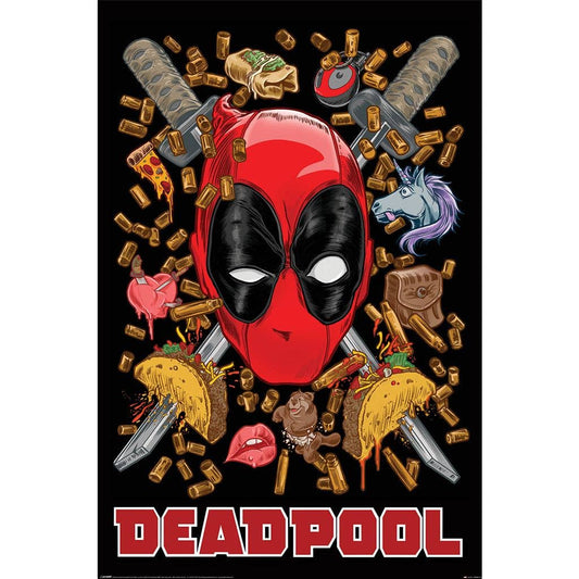 Deadpool mask surrounded by weapons, food, and characters on a black background with 'DEADPOOL' text.