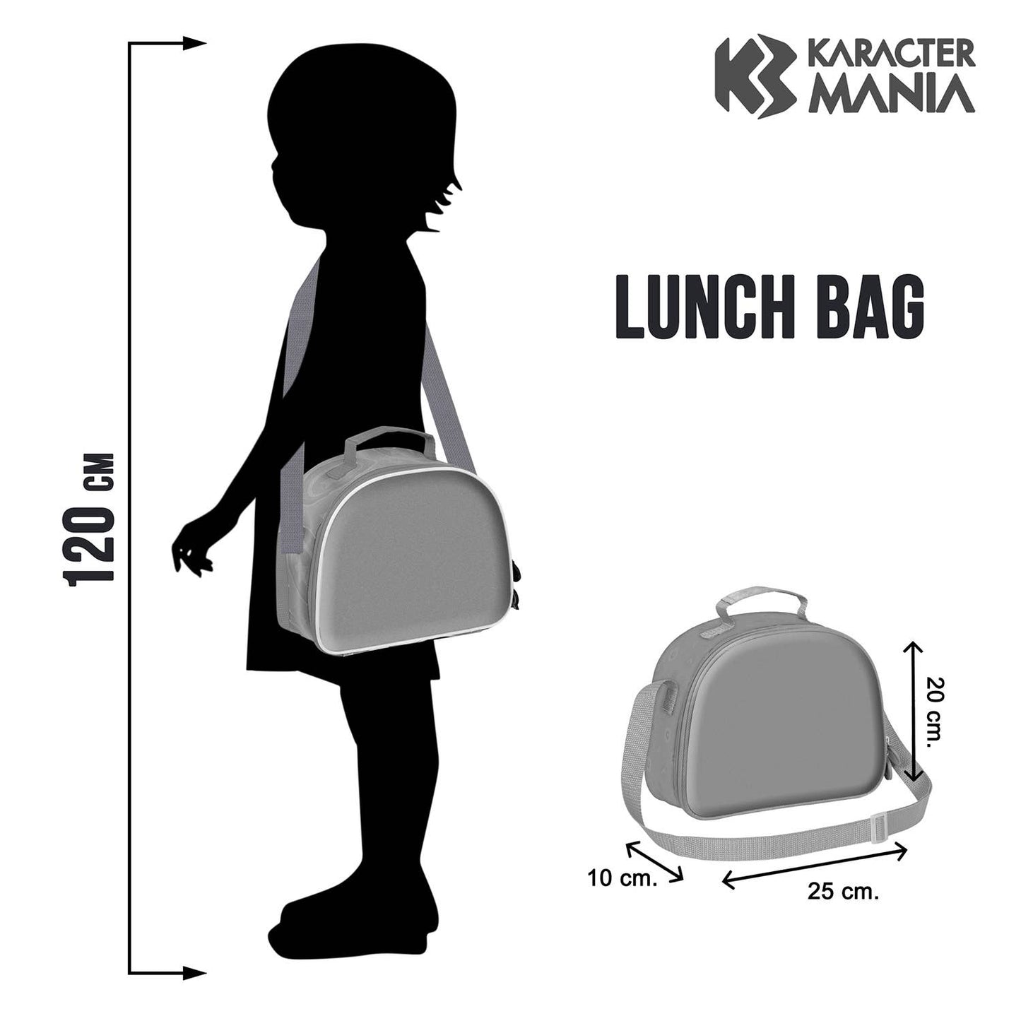 Lunch bag with dimensions shown relative to a silhouette of a child and Karaktermania logo.