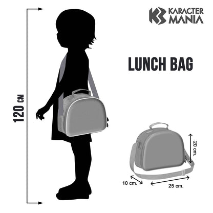 Lunch bag with dimensions shown relative to a silhouette of a child and Karaktermania logo.