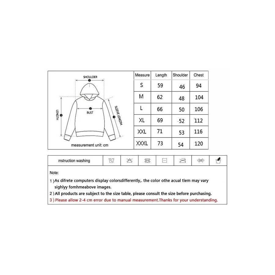 Measurement chart for a hoodie with size guide and washing instructions on a white background