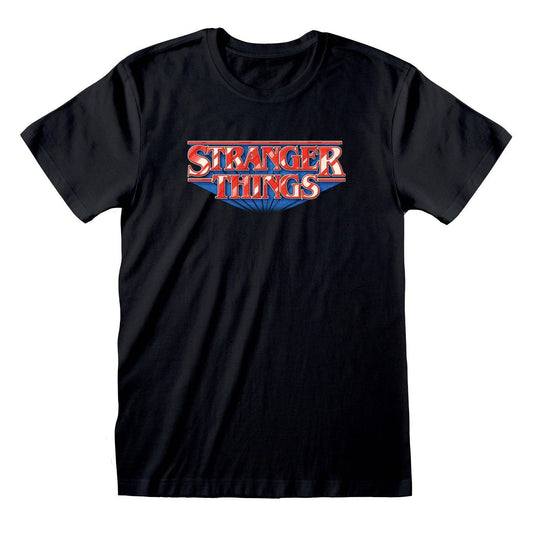 Black t-shirt with 'Stranger Things' logo on a white background
