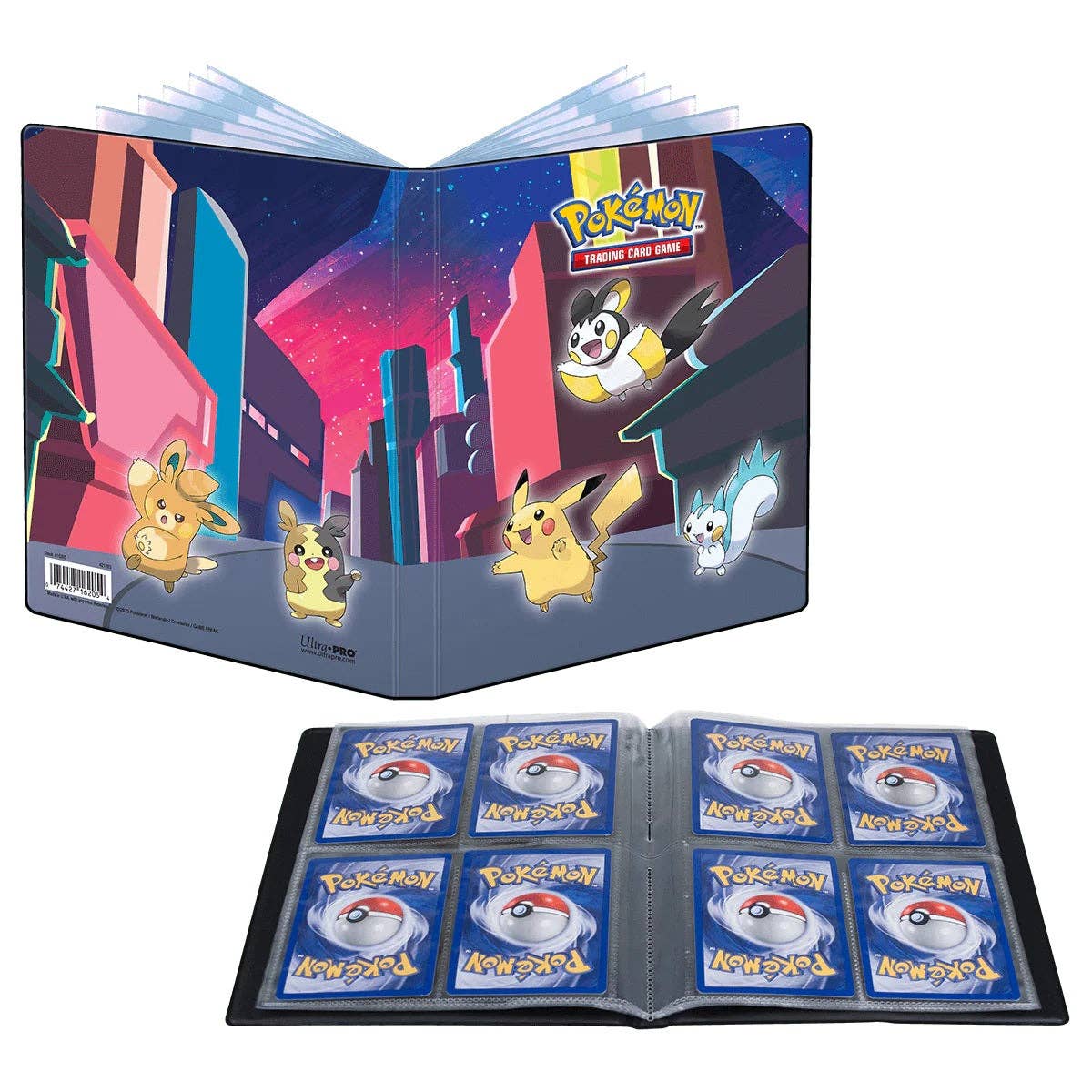 Pokémon trading card game binder with cards and Pokémon illustrations on a white background