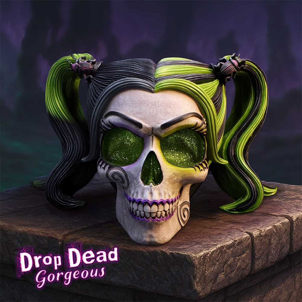 Skull with green hair and purple accents on a dark background with 'Drop Dead Gorgeous' text.