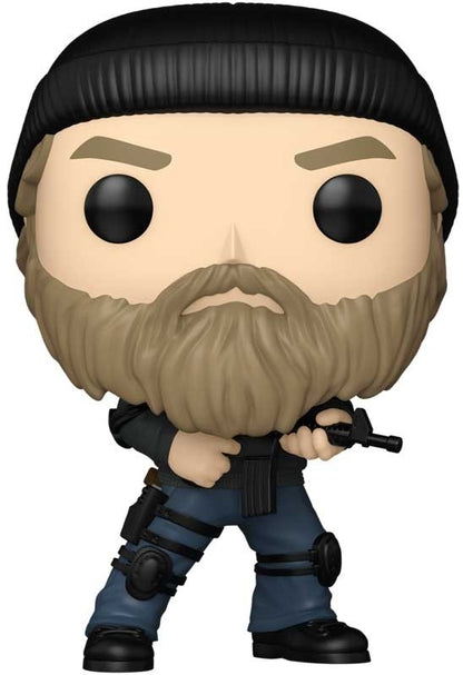 Funko Pop! vinyl figure with a character wearing a black helmet, beard, and holding a weapon on a white background