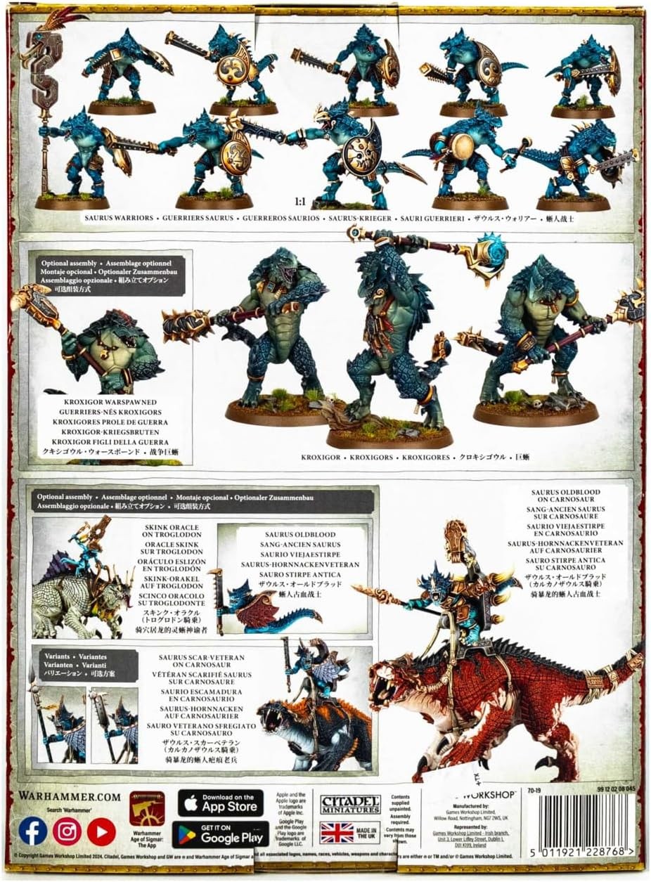 Collection of fantasy miniatures on a display card with branding and product details.