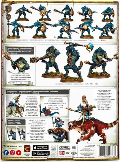 Collection of fantasy miniatures on a display card with branding and product details.