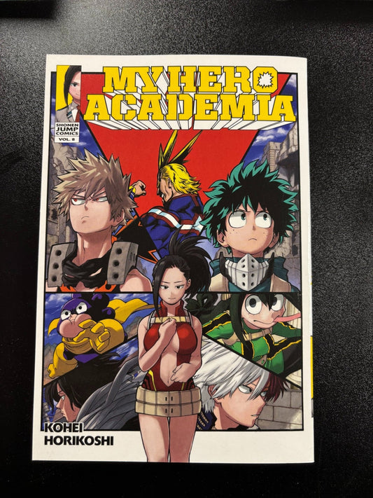 Comic book cover of 'My Hero Academia' with character illustrations on a black background