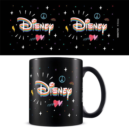 Black mug with colorful Disney logo design on a white background