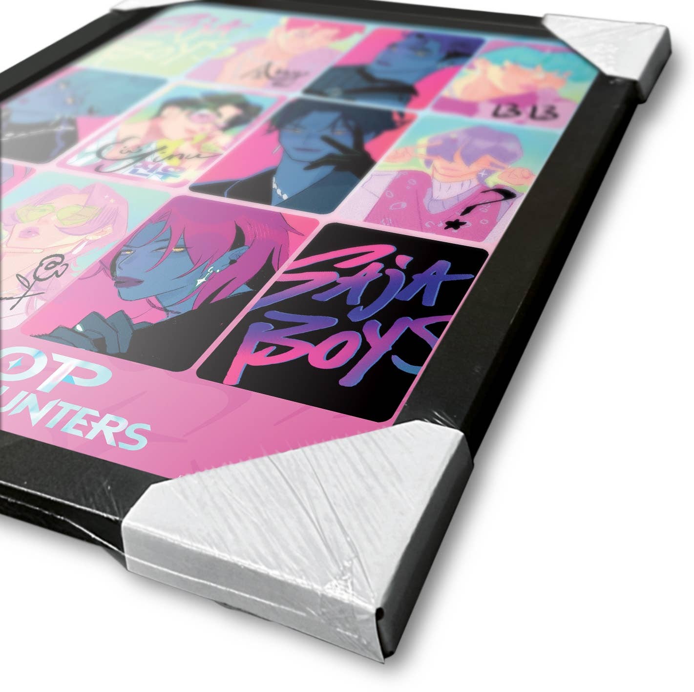 Colorful graphic design on a product packaging with text and character silhouettes.