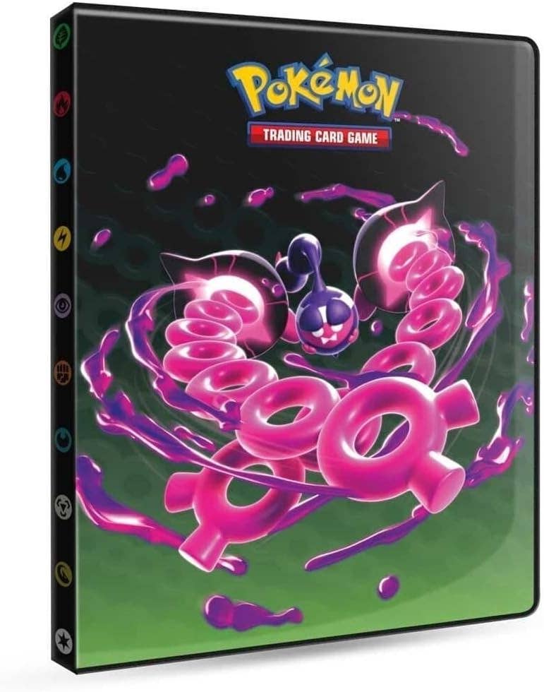 Pokémon trading card game binder with colorful design and Pokémon logo.