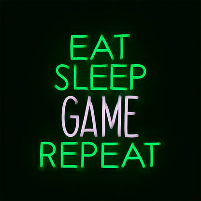 Eat Sleep Game Repeat' Green & White Neon LED Wall Sign - KOOLTHINGS