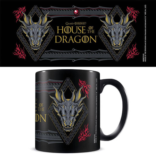 Black mug with 'House of the Dragon' design featuring a dragon emblem and text.