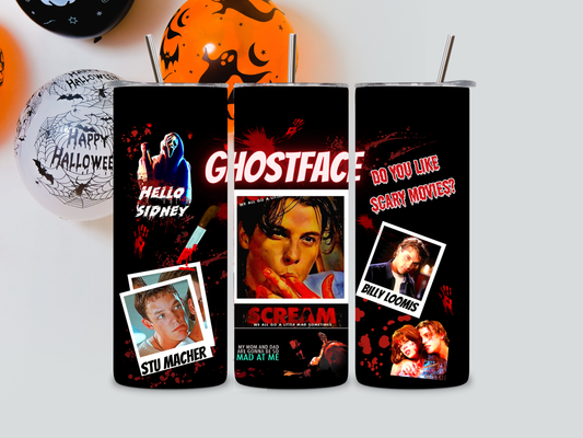 Ghostface-themed tumbler with movie references on a white background