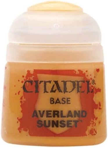 Jar of Citadel paint labeled 'Averland Sunset' on a white background