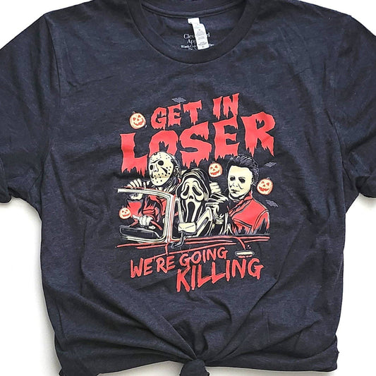 Navy blue t-shirt with Halloween-themed graphic and text on a white background