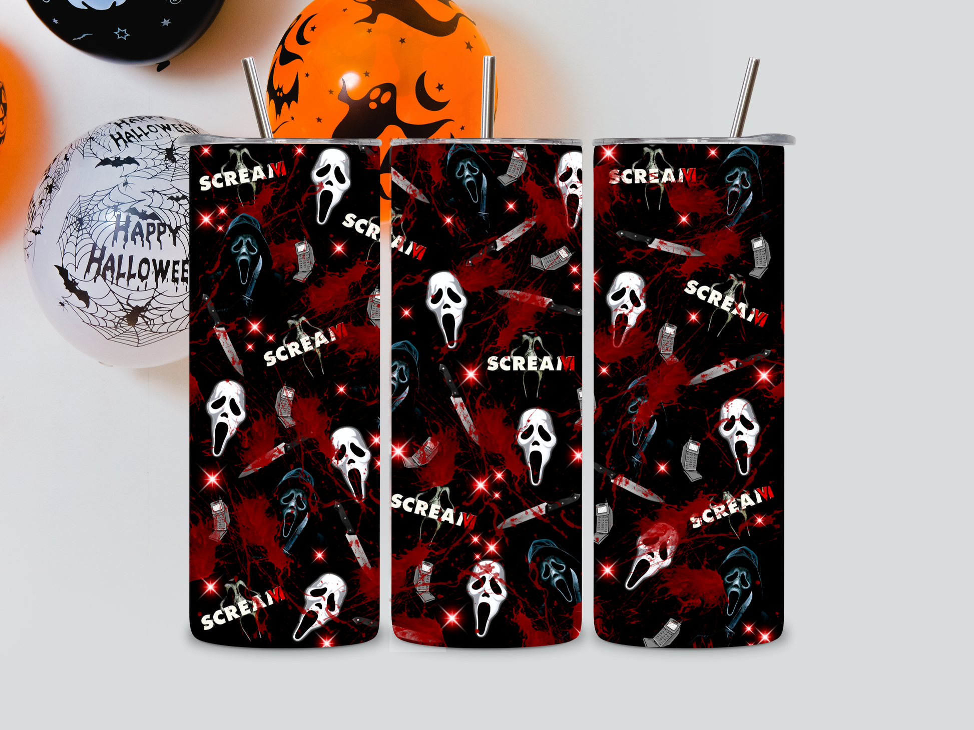 Scream-themed tumblers with 'Scream' design on a white background