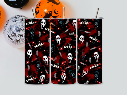 Scream-themed tumblers with 'Scream' design on a white background