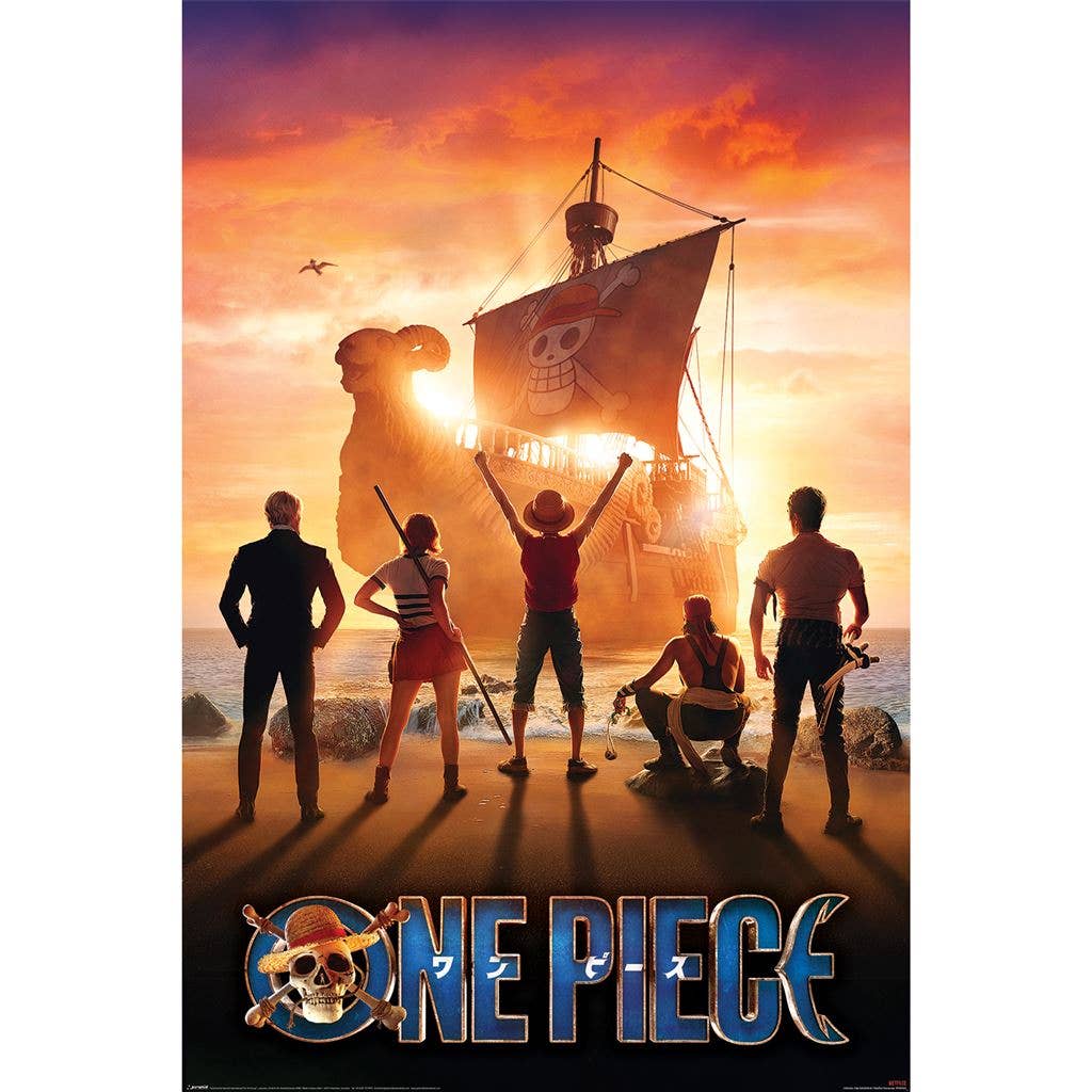 One Piece movie poster with characters on a beach and a large ship in the background.