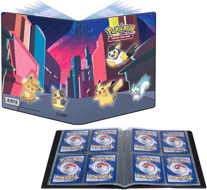 Pokémon trading card album with cards and Pokémon illustrations on a white background