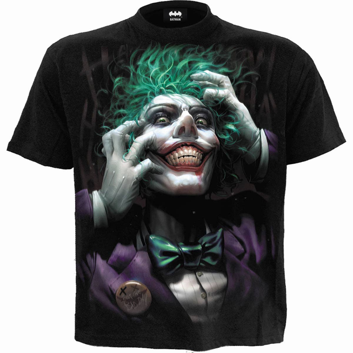 Black t-shirt with a graphic of the Joker from DC Comics on a white background