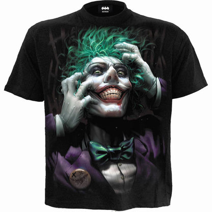 Black t-shirt with a graphic of the Joker from DC Comics on a white background