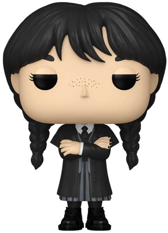 Funko Pop! vinyl figure of a character with black hair styled in pigtails, wearing a black coat and dress.