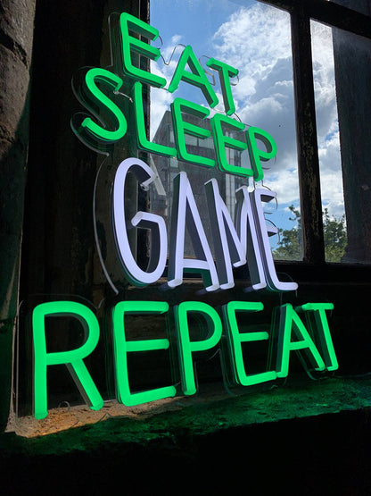 Eat Sleep Game Repeat' Green & White Neon LED Wall Sign - KOOLTHINGS