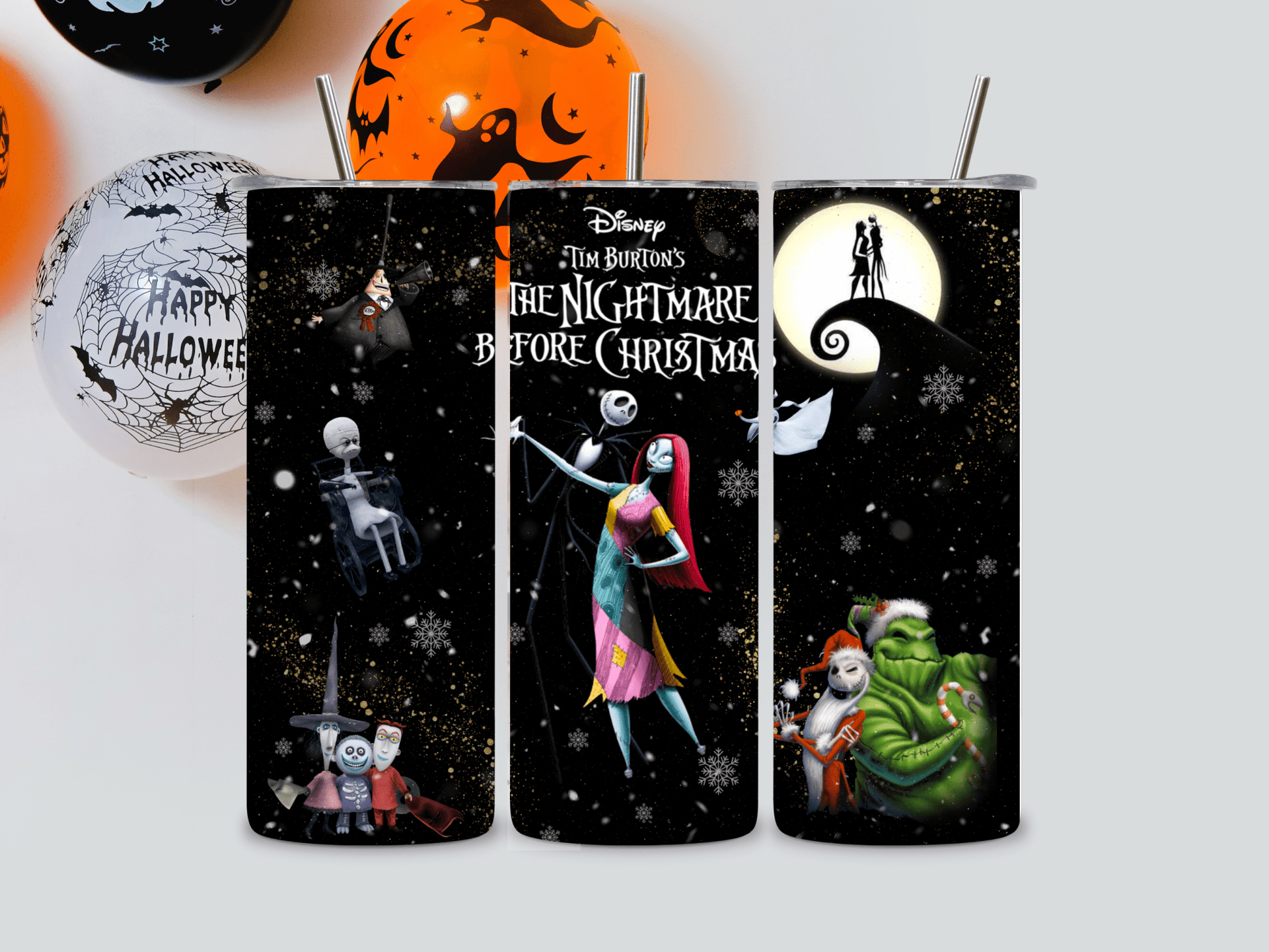 Tumbler with 'The Nightmare Before Christmas' design featuring characters and Halloween elements.
