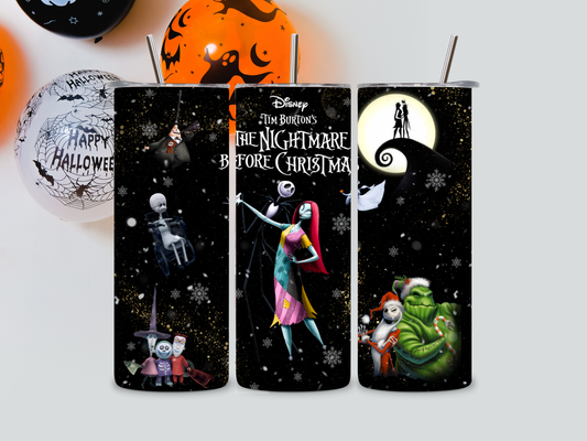 Tumbler with 'The Nightmare Before Christmas' design featuring characters and Halloween elements.