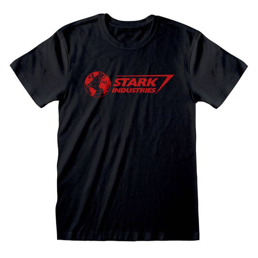 Black t-shirt with Stark Industries logo on a white background