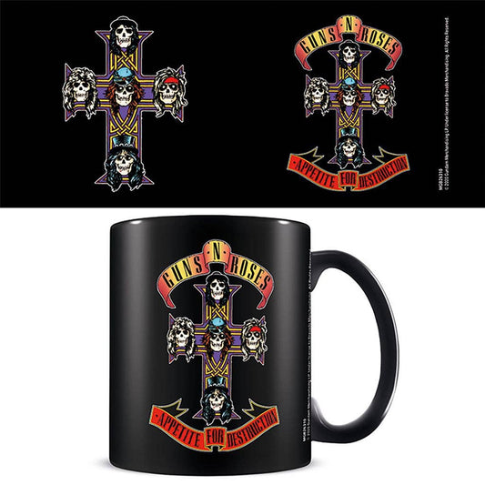 Black mug with Guns N' Roses 'A Appetite for Destruction' design on a white background