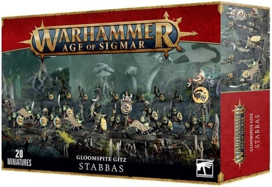 Warhammer Age of Sigmar Gloomspite Gitz Stabbas box with miniatures on a white background