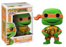 A Michelangelo Teenage Mutant Ninja Turtles Funko Pop! vinyl figure shown next to its retail box on a plain white background.