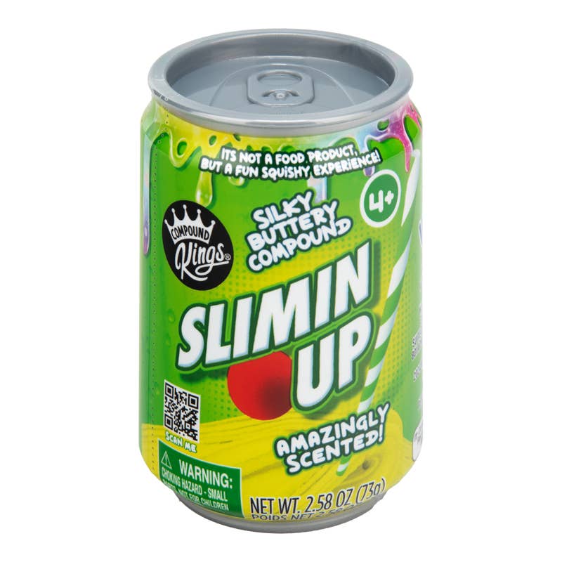 Can of 'Slimin' Up' product with green label and silver lid on white background