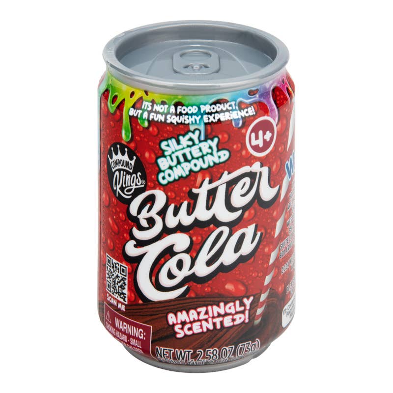 Red can of 'Butter Cola' with colorful text and a gray lid on a white background