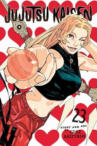Manga book cover of 'Jujutsu Kaisen' with a character holding a pumpkin against a heart-patterned background.