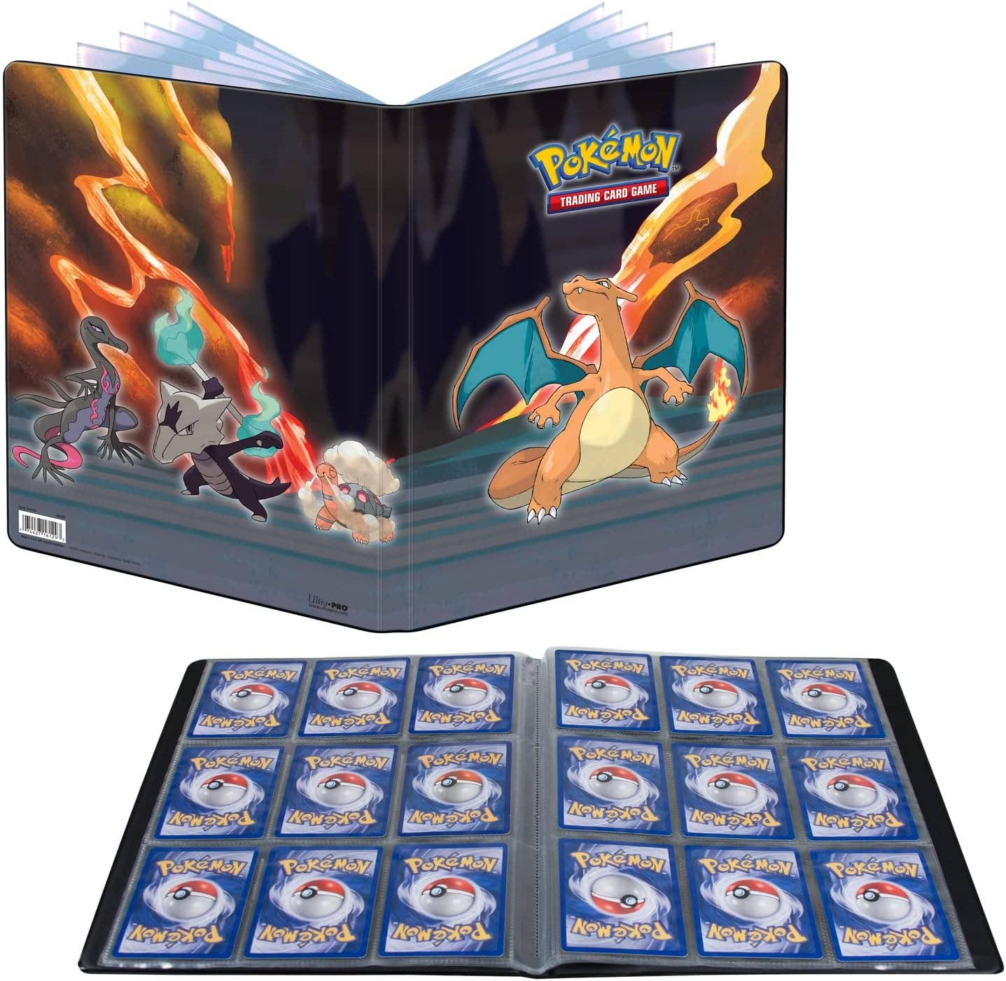 Pokémon trading card game binder with cards inside, featuring Charizard on the cover.