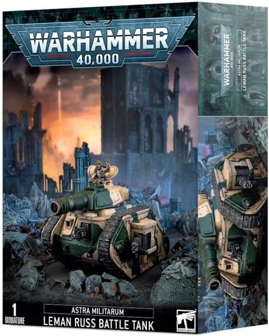 Warhammer 40,000 Leman Russ Battle Tank box with a destroyed cityscape background