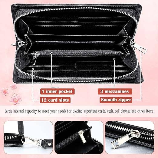 Black wallet with multiple compartments and features on a pink background