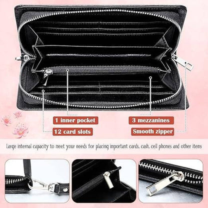 Black wallet with multiple compartments and features on a pink background