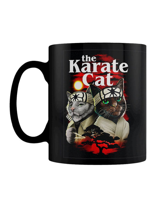 Black mug with 'The Karate Cat' design featuring two cats in martial arts attire on a white background.