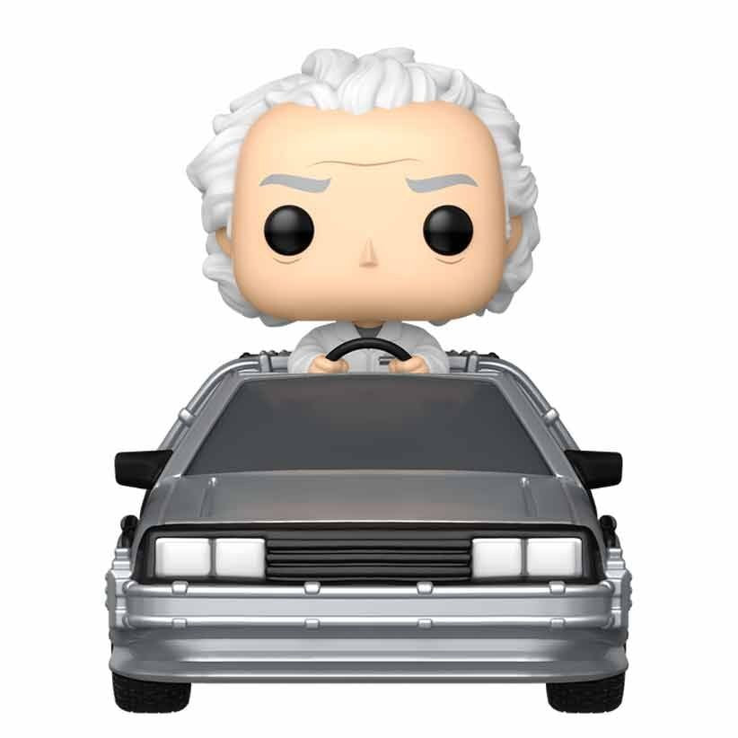 Funko Pop! vinyl figure of a character with white hair sitting in a DeLorean car on a white background